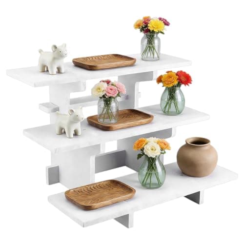 Image of NBEADS 3-Tier Wooden Display Riser Stand, White Portable Wooden Retail Display Shelves Tiered Table Display Stand for Candles, Glasses, Perfume, Vendors, Crafts Shows, Jewelry Display, 28x36x24cm