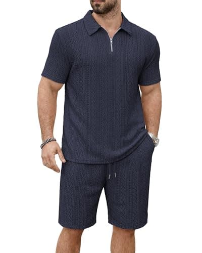 Image of KUYIGO Men's Polo Shirt & Shorts Set – Short Sleeve Tracksuit,Summer Casual Lightweight Activewear L Navy Blue