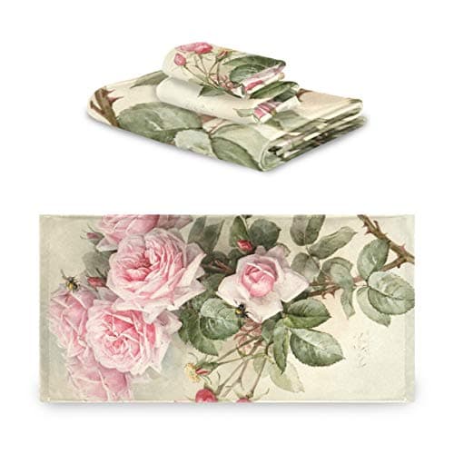 Image of Mnsruu Vintage Rose Floral Towel Set for Women Girl,Bath Towels Hand Towels and Washcloths,Absorbent Bathroom Accessories