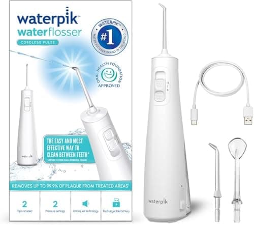 Image of Waterpik Pulse Water Flosser Cordless, Oral Health Foundation Approved, Water Flosser and Plaque Remover for Teeth, 2 x Water Floss Pressure Settings, 45 Seconds of Flossing, 2 x Tips Included
