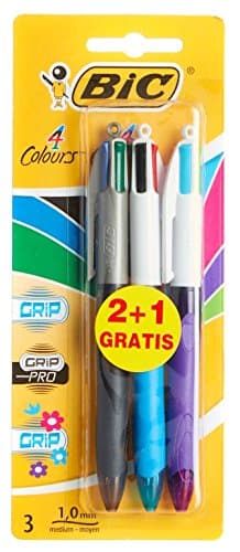 Image of Bic Grip 4-Colours Retractable Pens [Pack of 3] - 1 Grip, 1 Pro, 1 Fun/Fashion Colours Medium 1.0mm