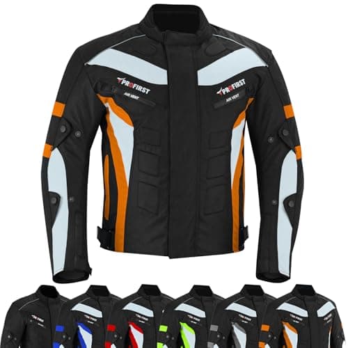 Image of PROFIRST Motorcycle Jacket Mens Waterproof Textile Cordura Fabric Motorbike Mesh Jacket All Seasons Removeable CE Protections (UK, Alpha, L, Regular, Regular, Orange)