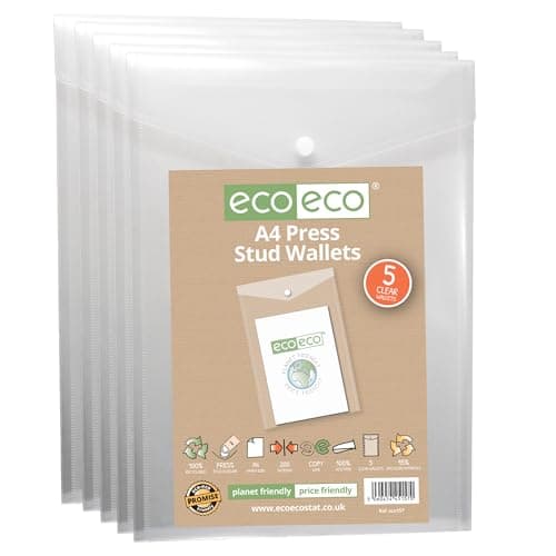 Image of eco-eco A4 50% Recycled Clear Transparent Portrait Press Stud Popper Wallet, Plastic Folders 330x235mm (Pack of 5), 200mic, eco157