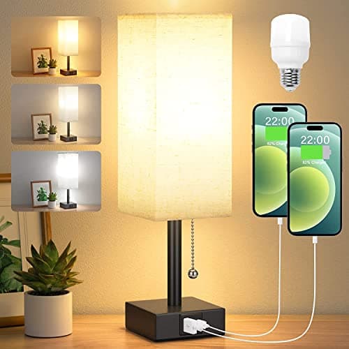 Image of Aooshine Bedside Lamps, Table Lamp with USB C+A Charging Ports, Small Lamp with 3-Color Modes with Pull Chain, Bedroom Lamp with Beige White Fabric Shade(LED Bulb Included)