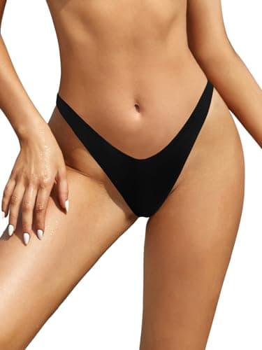 Image of SHEKINI Women Thong Bikini Bottoms V Cut High Leg Cheeky Brazilian Swimsuit Bottom, Black, Medium