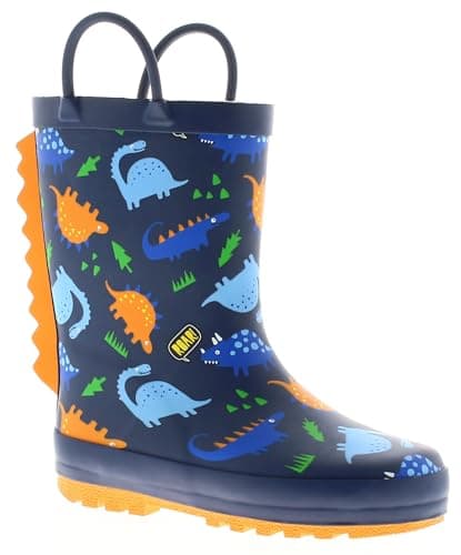 Image of Dinosaur Hunters Billy Boys Wellies (Navy) - Children's Wellington Boots with 3D Dino Design. Waterproof Winter Wellies with Easy Pull-On Handles. Warm & Comfortable Kids Snow Boots Navy 4 UK