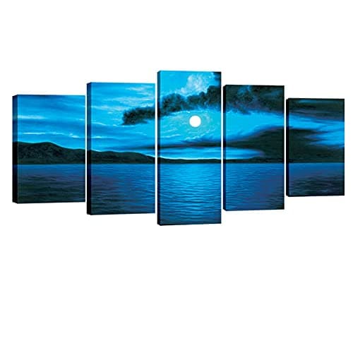 Image of Wieco Art - Dark Blue Ocean White Sun Modern 5 Piece Canvas Prints Contemporary Seascape Artwork Sea Beach Pictures Paintings on Canvas Wall Art for Living Room Bedroom Home Decorations