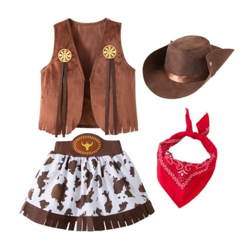 Image of Lito Angels Cowgirl Costume Outfit Fancy Dress Up with Waistcoat, Bandana and Hat for World Book Day Little Kids Girls Age 10-11 Years, Brown