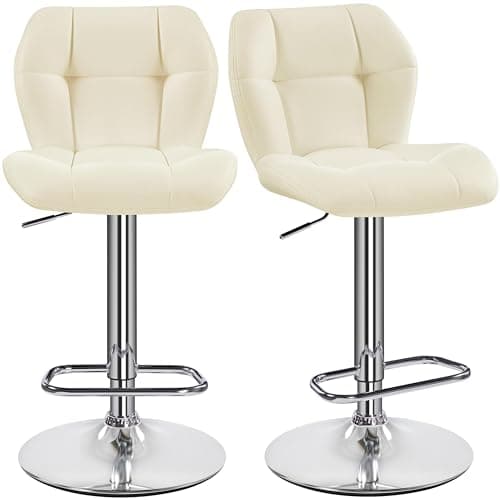 Image of Yaheetech 2 Pcs PU Leather Bar Stools Set with Backrest, Swivel Adjustable Height Counter Stools for Breakfast Bar, Kitchen, Home & Restaurant Use, Beige