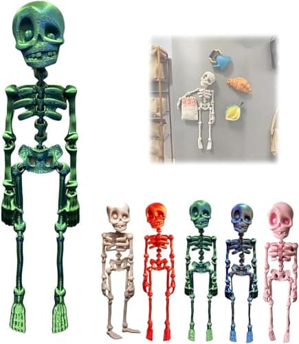 Image of 3D Printed Vintage Skeleton Magnetic Figurine, Posable Body Skeleton Fridge Magnets, Multi-Colors Human Skull Magnetic Decorations with Movable Joints for Kitchen, Office and Locker Decor (Green)
