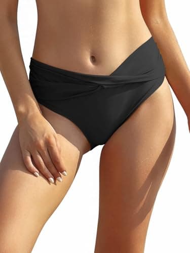 Image of SHEKINI Women's Bikini Bottom Twist Front Swimsuit Brief Ruched Medium Waisted Bathing Suit Bottoms Black