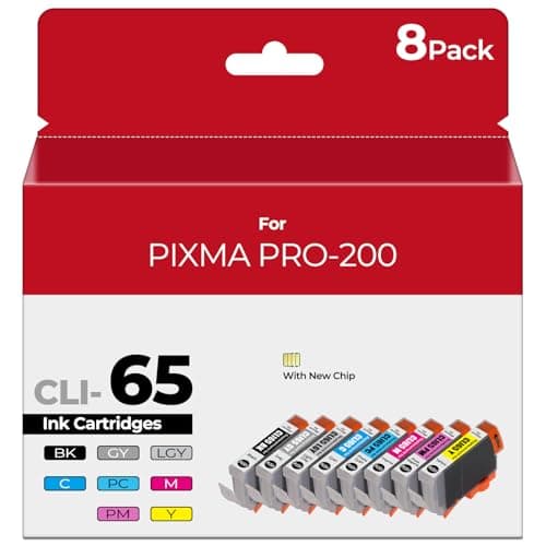 Image of CLI-65 Ink Cartridges with Chip for PIXMA PRO 200 Printer - Compatible with Canon CLI-65 CLI65 Ink Cartridge Replacement for PIXMA PRO-200S Printer, 8 Color Pack (1BK, 1C, 1M, 1Y, 1PM, 1PC, 1GY, 1LGY)