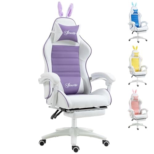 Image of Vinsetto Reclining Racing Gaming Chair with Headrest and Lumber Support, PU Leather Computer Chair with Removable Rabbit Ears, Footrest, Purple