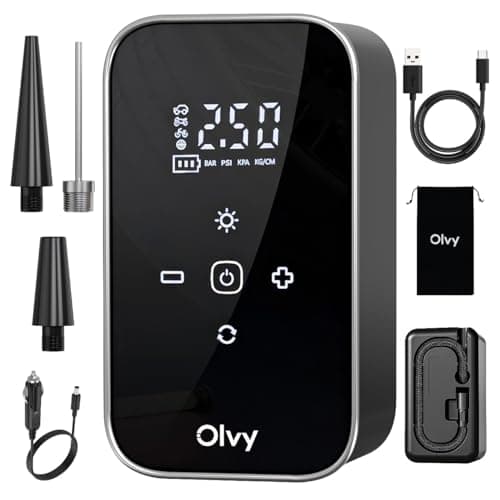 Image of Olvy Car Compressor Tyre Inflator, 12V Cordless Air Pump with 6000mAh Power Bank, Digital Display, Auto Shut-Off and Flashlight, Portable Multi-Tool for Car, Motorbike, Bicycle and Camping Inflatables