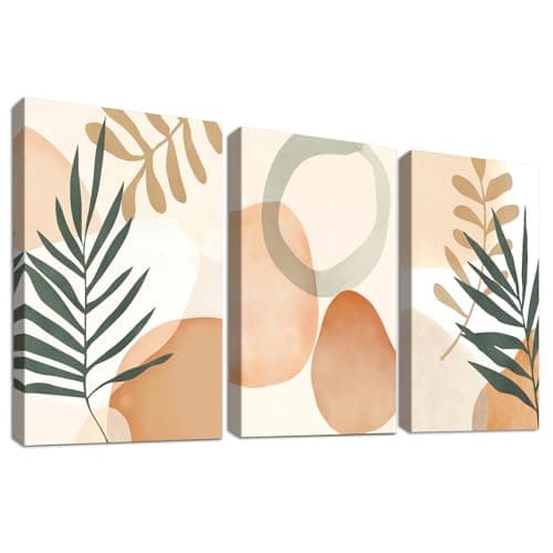 Image of Set of 3 Wooden Framed Watercolor Botanical Canvas Wall Art Yellow Circles Green Leaves Painting on Canvas Prints Minimalist Geometric Pictures for Living Room Bedroom Hallway Wall Decor 30x40cm x3pcs