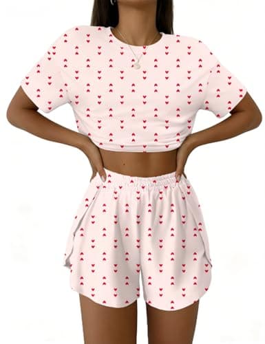 Image of IECCP Pyjamas for Women Ladies Pyjamas Set Sexy Y2K Pjs Sets Cute Matching Pyjamas for Ladies Two Piece Summer Nightwear Loungewear Heart Print S