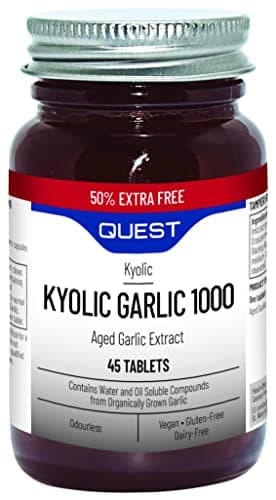 Image of Quest - 45x Kyolic Garlic Tablets. High Strength 1000mg Odourless Aged Garlic Extract for Heart, Immune, Digestive & Cognitive Health. Daily Dietary Supplement. Vegan & Gluten-Free (Pack of 3)