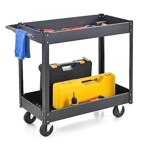Image of TANGZON 2/3-Tier Rolling Tool Cart, Utility Service Cart with Towel Rack Handle & Wheels, Heavy-duty Steel Mobile Tool Storage Garage Trolley Shelves (2 Tier, 85x41x79cm, Black)