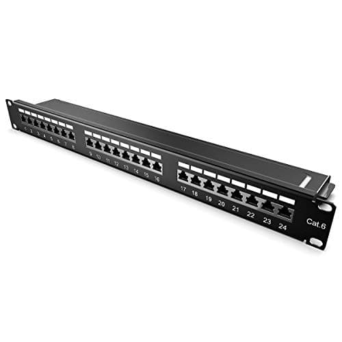 Image of kwmobile 24 Port Cat6 Patch Panel - 19 Inch Cat 6 Network Patch Panel Mountable Rack RJ45 Ethernet Hub with Cable Management Bar and Accessories