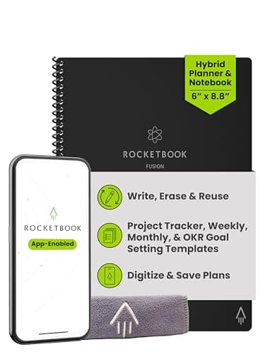 Image of Rocketbook Fusion Reusable Digital Notebook - Smart Notepad A5 Black, 7 Styles, To Do List, Daily Journal, Weekly & Monthly Planner, with Frixion Erasable Pen, Office Gadget Reduces Paper Waste