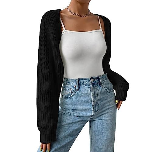 Image of Edhomenn Women's Cropped Cardigans Long Sleeve Knit Shrug Open Front Ribbed Bolero Tops Summer Vacation Clothes (03 Black, S)