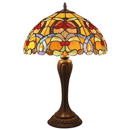 Image of WERFACTORY Tiffany Lamp Orange Stained Glass Bedside Table Lamp Style Desk Reading Light Metal Base 16X16X24 Inches Decor Bedroom Living Room Home Office S617 Series