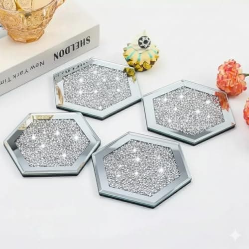 Image of SERENA'S ® 4 Pack Crushed Diamond Crystal and Mirror Coasters Set of 4 Glittering Silver Coasters for Home Kitchen & Restaurant Décor, Sparkly Coaster Set for Gifting on Special Occasions (Hexagon)
