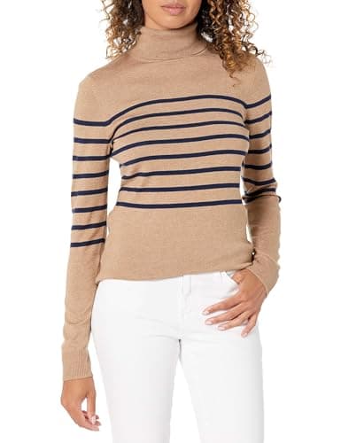 Image of Amazon Essentials Women's Classic-Fit Lightweight Roll Neck Long-Sleeve Jumper (Available in Plus Size), Camel Navy Placed Stripe, M