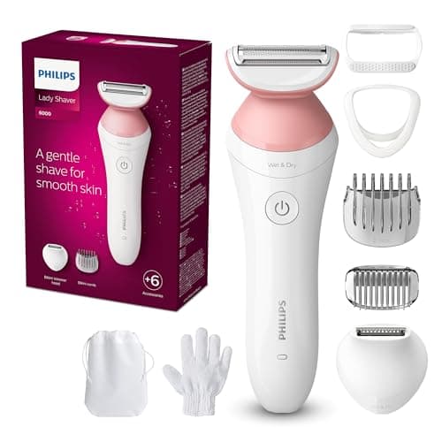 Image of PHILIPS Lady Shaver Series 6000 Wireless Razor with 6 Accessories Body Exfoliating Glove Bikini Zone Trimmer (Model BRL146/00), White/Pink