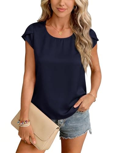 Image of Yommay Ladies Tops Chiffon Summer Soft Lightweight Shirts Elegant Casual T-Shirts Womens Basic Blouses,Navy Blue,M