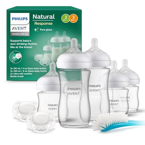 Image of Philips Avent Natural Response Newborn Glass Gift Set - 5 x Baby Bottles, 2 x Philips Avent Ultra Soft Soother 0-6 Months, Bottle Brush, BPA Free (Model SCD879/11)