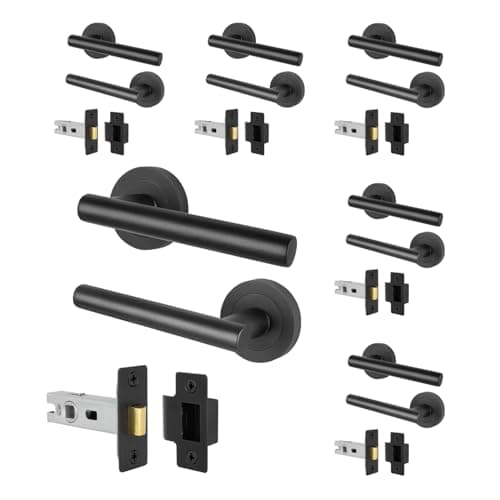 Image of EAI Black Door Handles and Latch Set, 6 Pairs of Internal Matt T-Bar Round Rose Handles and Latch 64mm - Oliena Range