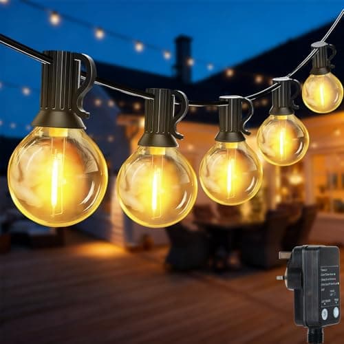 Image of QIHANS Outdoor String Lights Mains Powered, 15M Festoon Lights with Light Sensor Timer, 25+2 G40 Shatterproof Globe Bulbs, Waterproof Garden String Lights for Balcony Yard Patio Wedding