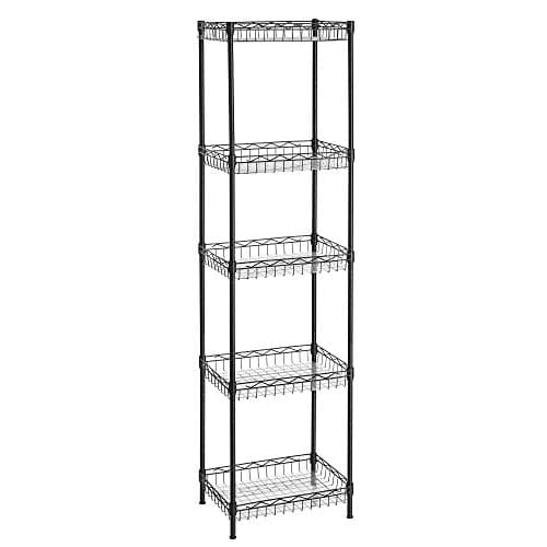 Image of SONGMICS Metal Storage Shelf, Wire Basket Shelving Unit, Kitchen Storage Rack, 4 Hooks, PP Sheets, Adjustable Shelves, Total Load Capacity 100 kg, for Bathroom, Pantry, Small Spaces, Black LGR105B01