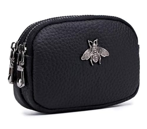 Image of Bee Lovers Genuine Leather Ladies Purse | Compact Double Zip Mini Wallet | Durable Coin & Card Holder | Sleek Black | Portable & Stylish | Ideal for Everyday Use, Work, Shopping, and Travel