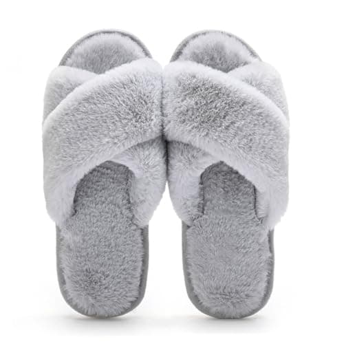 Image of TIECHI Womens Slippers, Ladies Crossover Open Toe Fluffy Slippers, Anti-Skid Warm Furry Cozy Indoor Outdoor Shoes, Grey, 36-37EU/3-4UK