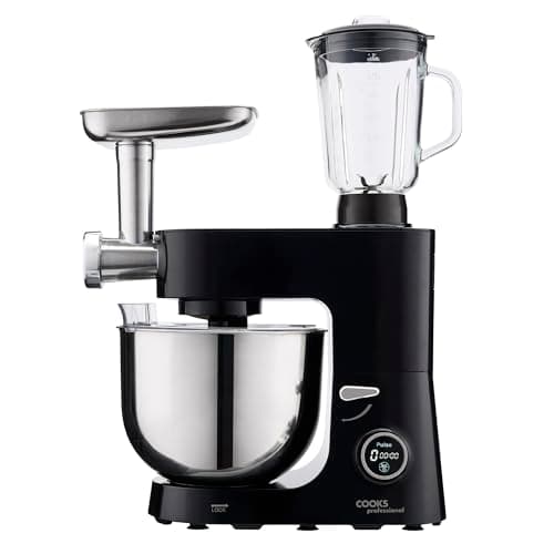 Image of Cooks Professional Multi Function Stand Mixer 1800W with 8L Stainless Steel Bowl, Accessory Kit, Blender & Meat Mincer Capability, 8 Speed Settings, Pulse Function & Digital Control | Black