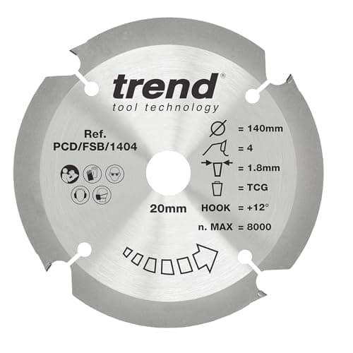 Image of Trend PCD Fibre Cement Circular Saw Blade, 140mm Diameter, 20mm Bore, 4 Teeth, 1.8mm Kerf, +12° Hook, PCD, Coarse Finish, PCD/FSB/1404