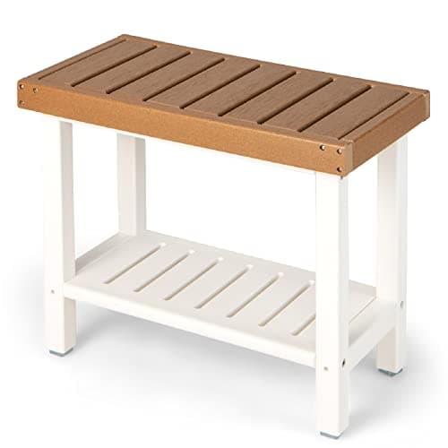 Image of COSTWAY Shower Bench, HDPE Slatted Spa Bath Stool Shower Seat with Storage Shelf, Waterproof Non-Slip Bathroom Bathtub Chair for Elderly, Disabled and Adults, 61x31x49cm (Brown+White)