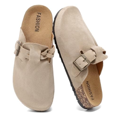 Image of Suede Clogs for Women's,Leather Mules Mens Closed Toe,Adjustable Buckle Comfort Slippers,Soft Cork Footbed Sandals with Arch Support,Anti Slip Beige