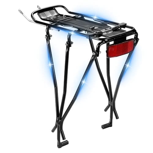 Image of KEMIMOTO Universal Bike Pannier Rack, Adjustable Bike Rear Rack, Aluminium Alloy Bicycle Luggage Carrier with Red Rear Reflective Light for Cycling and Commuting