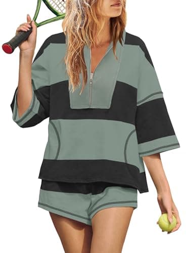 Image of Yanekop Womens 2 Piece Summer Outfit Workout Sets Shorts Two Piece Lounge Set Oversized Striped T Shirt and Shorts Set, Black Green, Large
