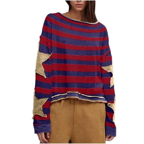 Image of Free People Women's Oversized Sweatshirt Long Sleeve Lightweight Pullover Top Star Print Drop Shoulder Sweatshirts Y2k Loose Fit Casual Blouses Pullovers Solid Baggy Spring Fall Blouse