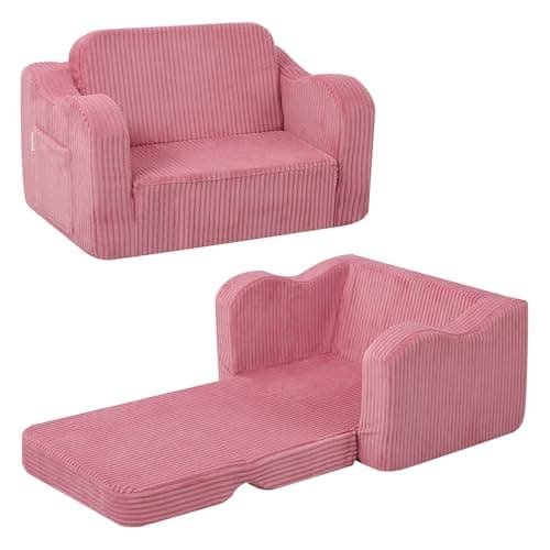 Image of MeMoreCool Corduroy Kids Couch Sofa, Folding Toddler Chair Bed, Fold Out Kids Armchair Sofa for Playroom, Comfy Convertible Baby Recliner for Girls Boys, Pink