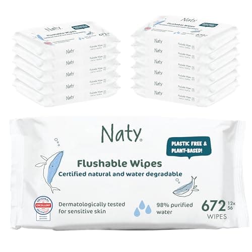 Image of Naty Flushable Baby Wipes | 98% Water & Natural for Sensitive Skin | Unscented, Plant-Based, Fragrance-Free | Plastic-Free & Compostable | Newborn & Toddler Gentle Wet Wipes | 672 Count (12 Packs)