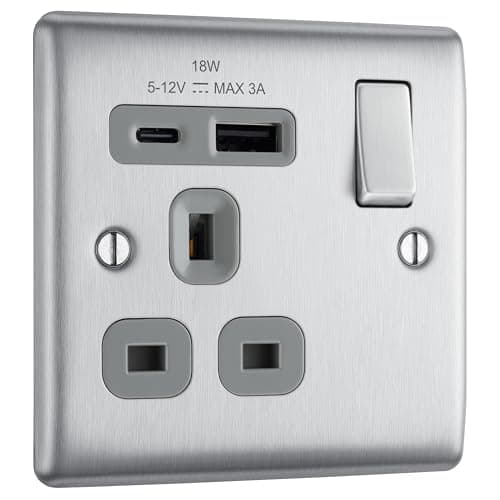 Image of BG Electrical 18W Single Switched Power Plug Wall Socket with Type A USB and Type C USB Charging Ports, Fast Charge, Round Edges, Nexus Metal, Brushed Steel, Grey Inserts, 13A, NBS21UAC18G
