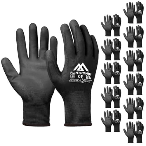 Image of Flintronic 12-Pair Non-Slip PU-Coated Work Gloves, Scratchproof Protective Grip for General Duty and Gardening (L-Size 9, Black)