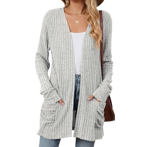 Image of Famulily Ladies Open Front Comfy Sweater Cardigans Soft Knitted Long Sleeve Outwear Cardigans for Fall Winter(XL, Grey)