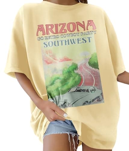 Image of Lonya Women's T-Shirts Oversized Tops for Women Y2k Sunshine Beach Letter Printed Round Neck Rainbow Graphic Tee Ladies Short Sleeve Summer Tops Casual Baggy Cotton T Shirts, C-Yellow Beige, L