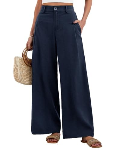 Image of HEEKPEK Womens Linen Trousers Summer Loose Straight Leg Pants Elasticated Mid-Rise Waist Ladies Elegant Palazzo Pants with Pockets Lightweight Casual Beach Holiday BusinessTrousers (Navy Blue, L)